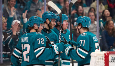 Jan 10, 2026; San Jose, California, USA; San Jose Sharks center Alexander Wennberg (21) celebrates with left wing William Eklund (72), center Tyler Toffoli (73) and center Macklin Celebrini (71) after scoring a goal during the second period at SAP Center at San Jose. Mandatory Credit: Robert Edwards-Imagn Images