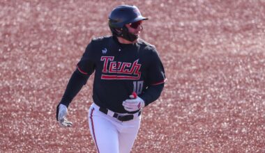 Logan Hughes rounds the bases after hitting a home run during the Texas Tech baseball team's alumni game, Saturday, Jan. 31, 2026, at Rip Griffin Park.