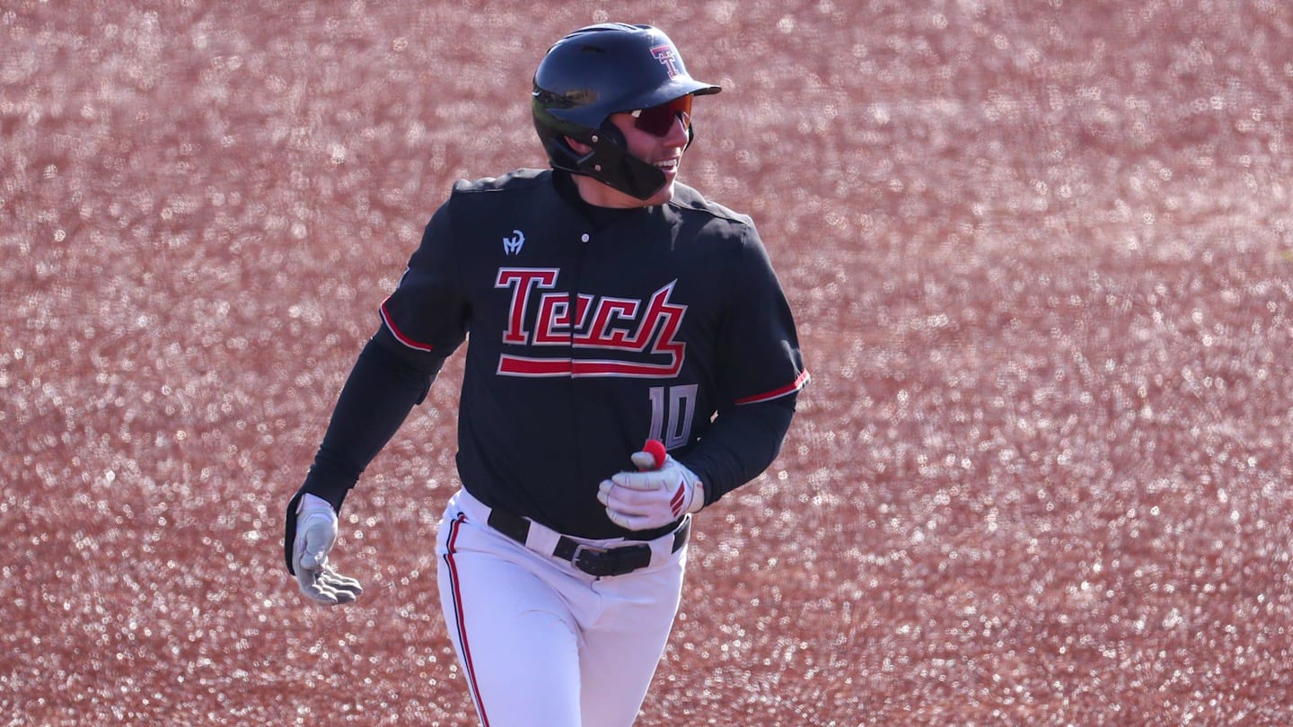 Logan Hughes rounds the bases after hitting a home run during the Texas Tech baseball team's alumni game, Saturday, Jan. 31, 2026, at Rip Griffin Park.