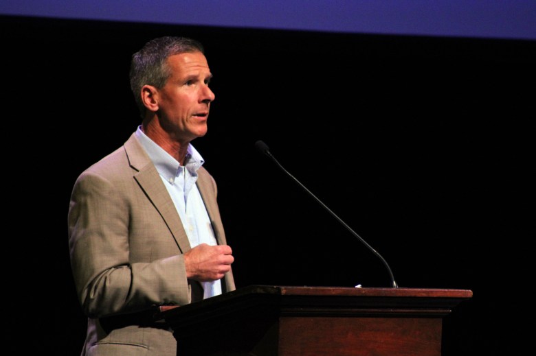 Co-founder Brian Goebel says during Thursday's event that the goal of Spotlight Santa Barbara is to create a space where people can gather to hear different perspectives and have civil conversations.