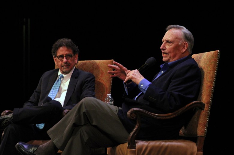 Dan Walters responds to a question during a Q&A session, moderated by Noozhawk publisher Bill Macfadyen, left, after Walters' speech Thursday night at the Lobero Theatre.