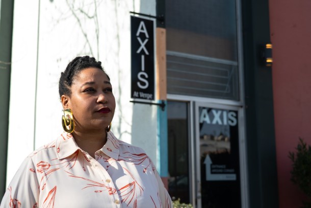 Delgreta Brown in front of Axis Gallery where her exhibition of “Gardens of Huemanity” hangs in Sacramento, Feb. 9. Louis Bryant III OBSERVER