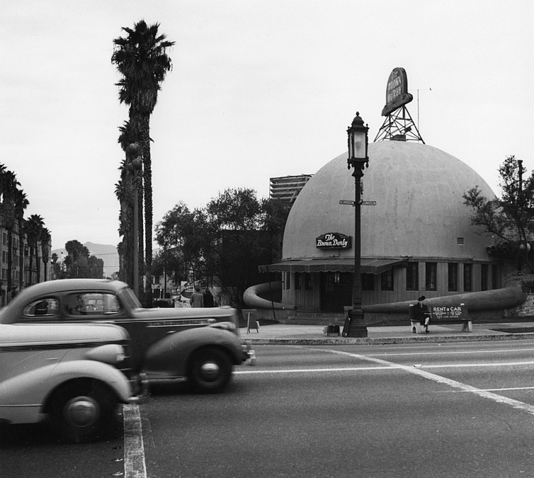 Vintage black and white photo of the Brown Derby on Wilshire Boulevard in Los Angeles. (Ansel Adams)