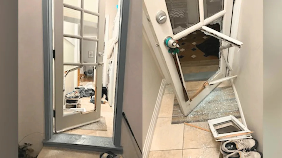 The suspects shattered a glass patio door before burglarizing a home in L.A.'s Mid-Wilshire neighborhood on Dec. 22, 2025.