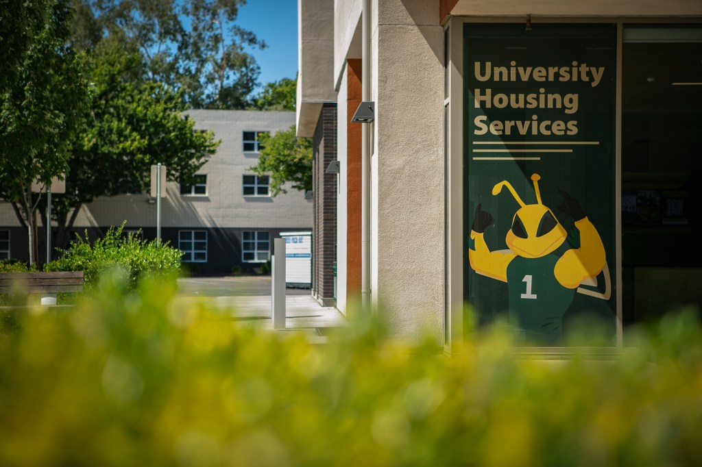 The Riverview Hall student housing complex at California State University in Sacramento — one of countless campuses struggling to meet the housing needs of California students. Photo by Rahul Lal, CalMatters