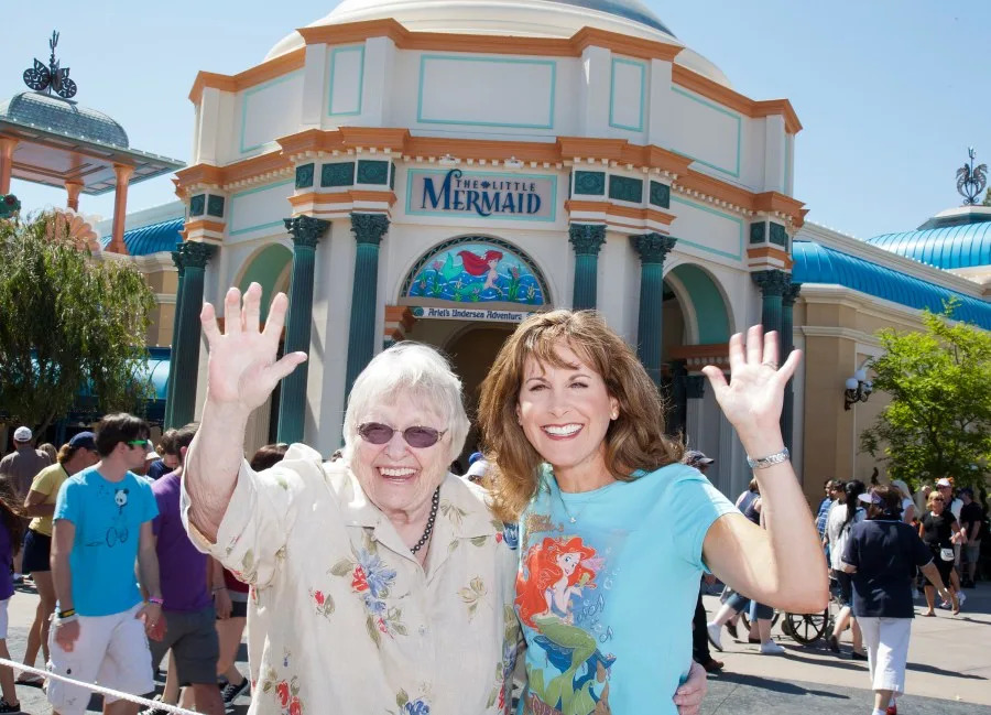 ANAHEIM, CA – JUNE 01: (L-R) Actresses Pat Carroll and Jodi Benson , who voiced the roles of Ursula and Ariel in Disney’s “The Little Mermaid” are reunited at the all-new attraction “The Little Mermaid: Ariel’s Undersea Adventure” at Disney’s California Adventure park on June 1, 2011 in Anaheim, California. The first-ever attraction based on the classic Disney film opens June 3, 2011. (Photo by Paul Hiffmeyer/Disney Parks via Getty Images)