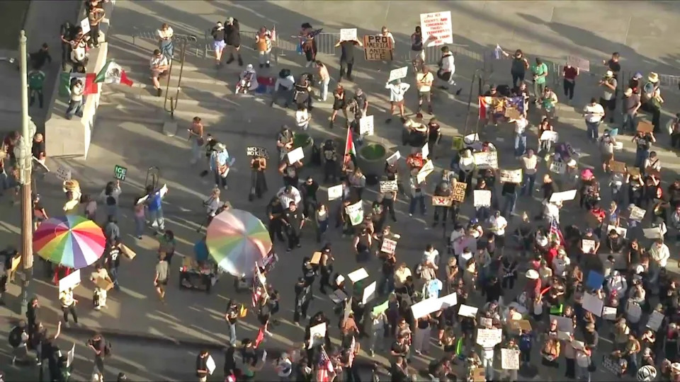 Hundreds of demonstrators gathered in downtown Los Angeles on Saturday, Jan. 31, 2026, for a second-straight day of protests against the Trump administration's immigration enforcement operations. (KTLA)