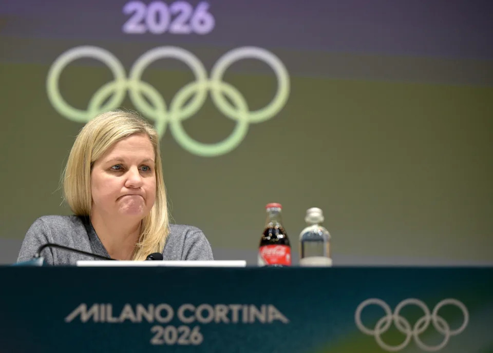 20 February 2026, Italy, Mailand: Olympia, Olympic Winter Games Milan Cortina 2026, Press conference, Kirsty Coventry, President of the International Olympic Committee (IOC) speaks to media representatives before the conclusion of the Olympic Winter Games Milan Cortina 2026. Photo: Peter Kneffel/dpa (Photo by Peter Kneffel/picture alliance via Getty Images)