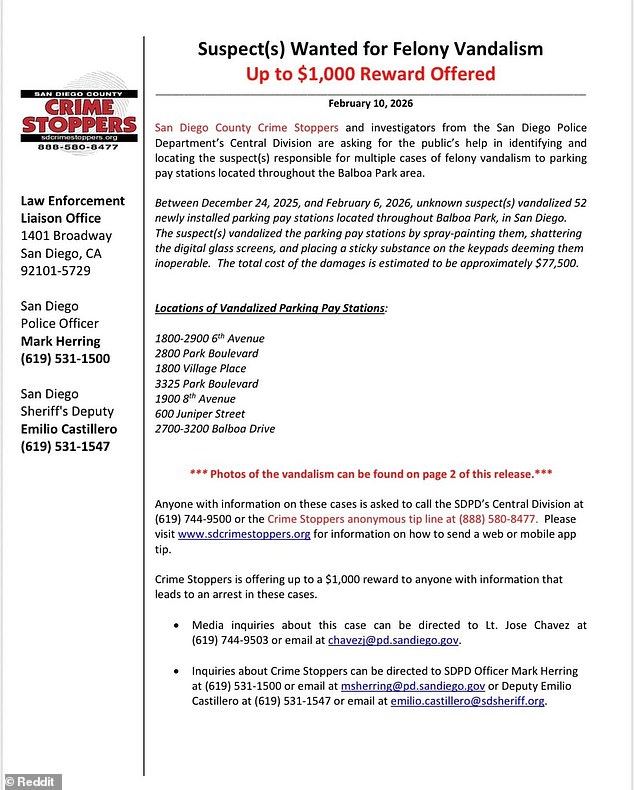 San Diego Police are offering a $1,000 reward for anyone with information about the meter vandalizers