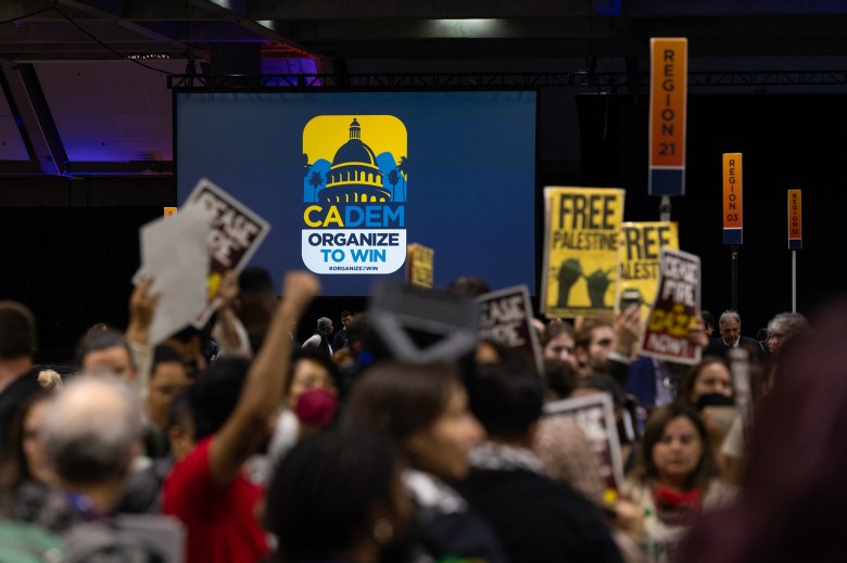 A projector displays a blue California Democrat Convention graphic as people can be seen protesting in the foreground.