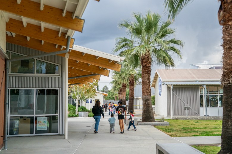 People walk along a pathway aligned with palm trees and with buildings on both sides at a school.