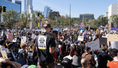 Protesters congregate at City Hall in Los Angeles on January 30, 2026.