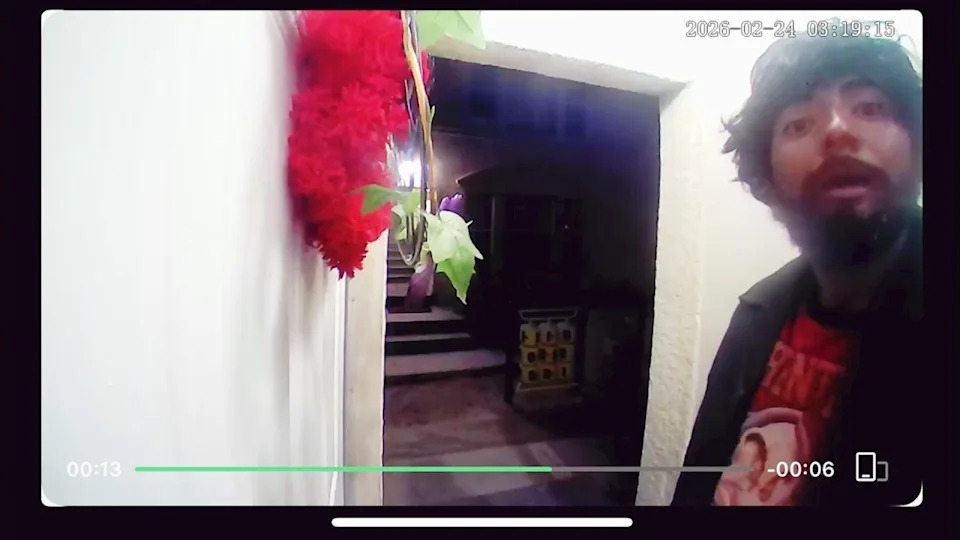 Surveillance cameras captured the male suspect lurking around an apartment complex in L.A.’s Leimert Park neighborhood before breaking into one of the units in the middle of the night on Feb. 24, 2026. (Johnson Family)