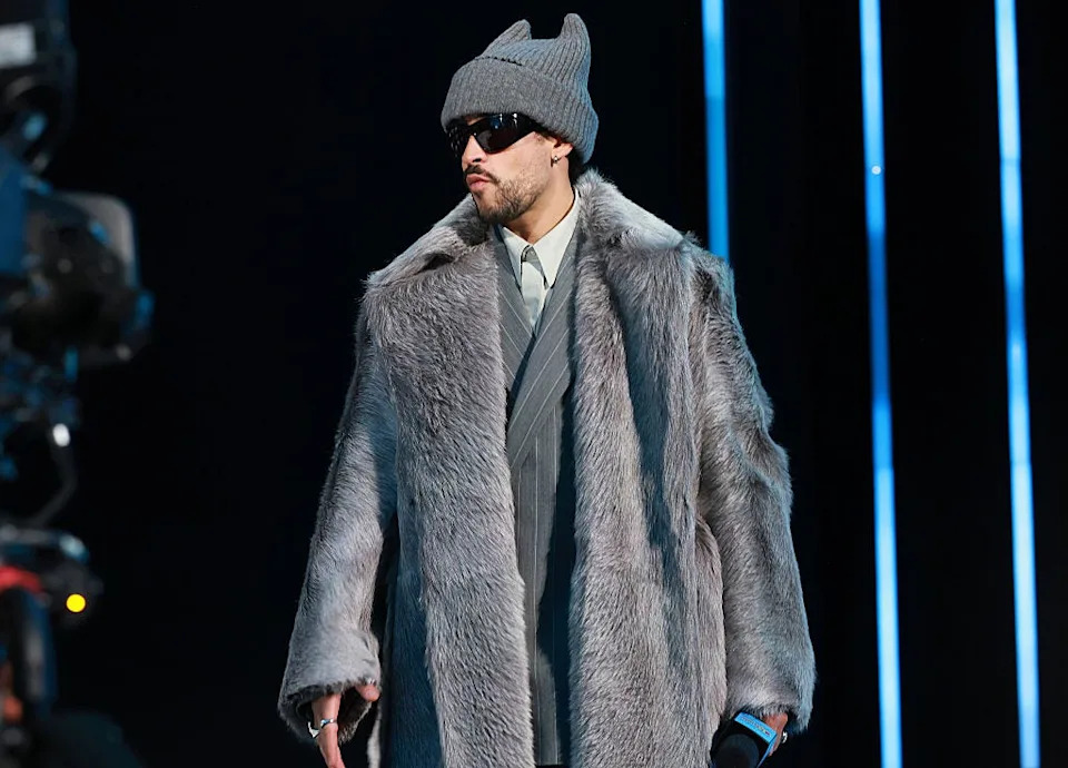 san francisco, california february 05: bad bunny appears onstage during the super bowl lx pregame apple music super bowl lix halftime show press conference at moscone center west on february 05, 2026 in san francisco, california. (photo by kevin mazur/getty images for roc nation)