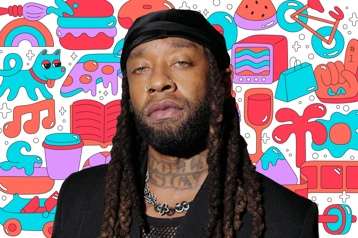 Photo of a person on a background of colorful illustrations like a book, dog, pizza, TV, shopping bag, and more