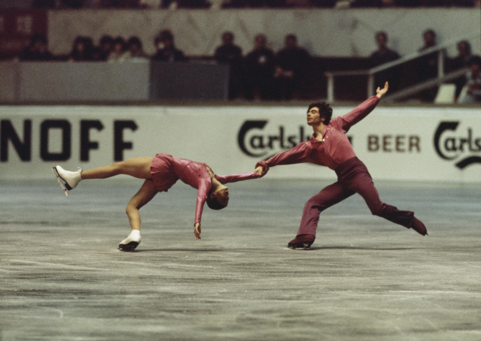 Tai Babilonia and Randy Gardner compete at the World Figure Skating Championships in Tokyo in March 1977.