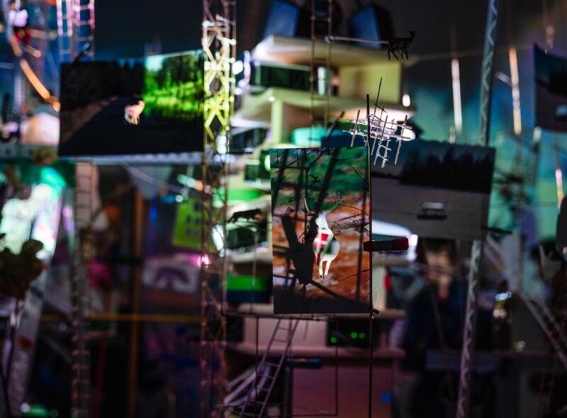 "Once in a Lifetime, 2026" mixed media made out of "wood, projectors, tripods, ladder, lights, aluminum, ceramic, paper, and paint," by Artist and Professor Sarah Sze at Gagosian in Beverly Hills on Jan. 28, 2026. (Ariana Drehsler/For The Times)