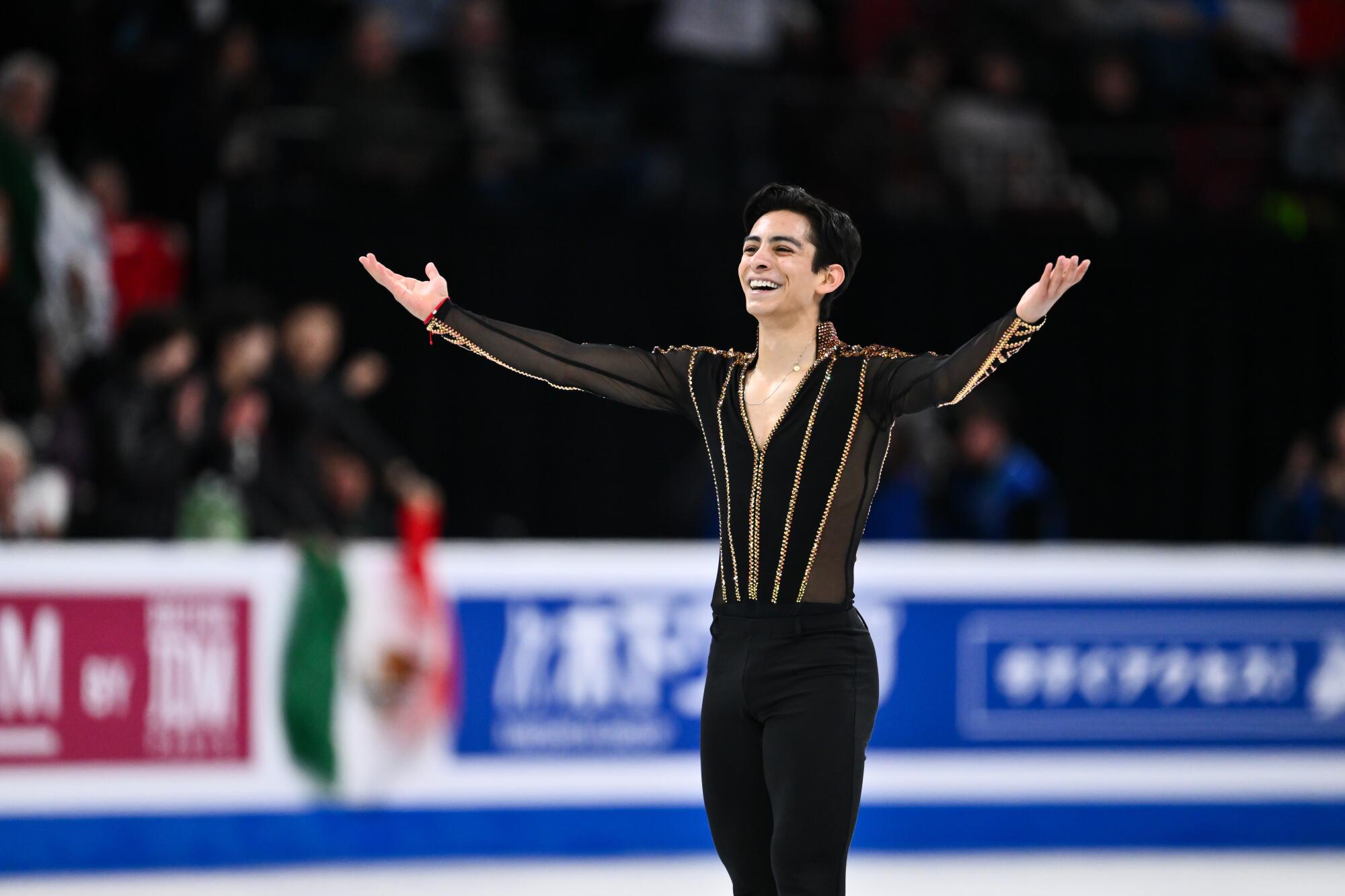 Donovan Carrillo acknowledges the crowd after competing at the world championships in Montreal in March 2024.