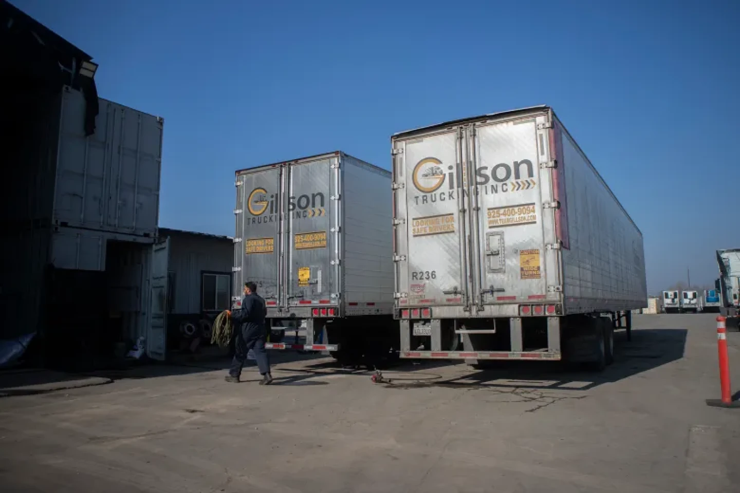 Rows of semi-trucks and trailers at the Gillson Trucking Inc. facility in Stockton on Jan. 16, 2026