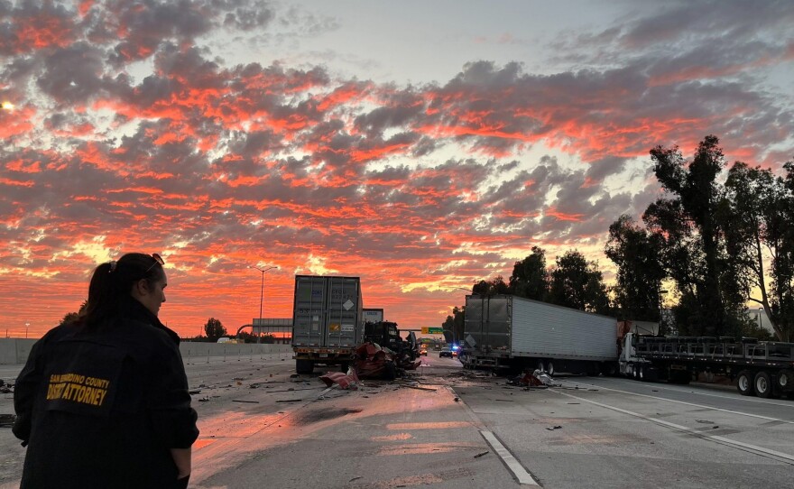 This photo provided by the San Bernardino County District Attorney’s Office High Tech Crimes Unit, shows officials processing the scene of a deadly multi-vehicle crash Tuesday, Oct. 21, 2025, in Ontario, Calif.