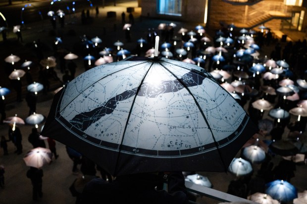 An umbrella showcasing the North Star is seen at City Hall in San Jose, Calif., on Saturday, Jan. 31, 2026. (Thien-An Truong for Bay Area News Group)