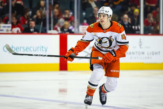 Jan 25, 2026; Calgary, Alberta, CAN; Anaheim Ducks right wing Beckett Sennecke (45) skates against the Calgary Flames during the third period at Scotiabank Saddledome.