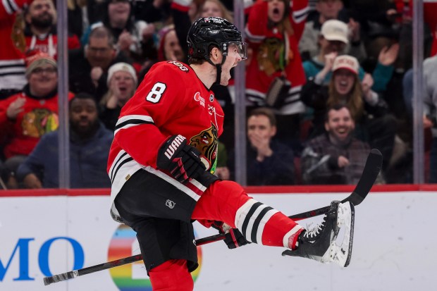Chicago Blackhawks center Ryan Donato (8) celebrates after scoring a goal during the third period against the San Jose Sharks at the United Center Monday Feb. 2, 2026 in Chicago. (Armando L. Sanchez/Chicago Tribune)