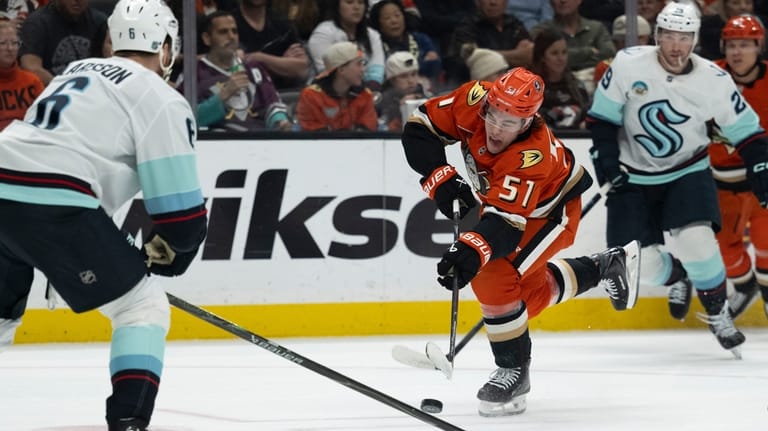 Anaheim Ducks defenseman Olen Zellweger (51) shoots as Seattle Kraken...