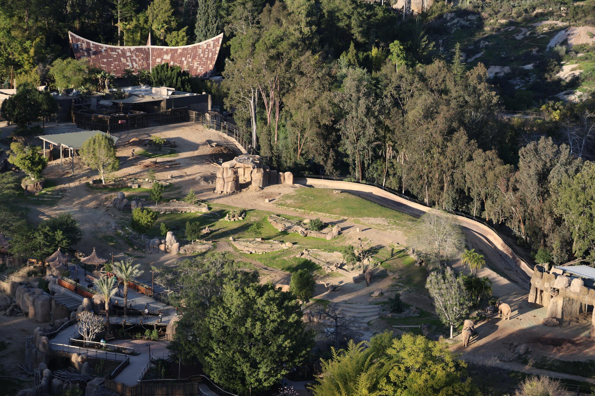 An aerial view of Elephant Valley at the San Diego Zoo Safari Park, home to eight elephants.