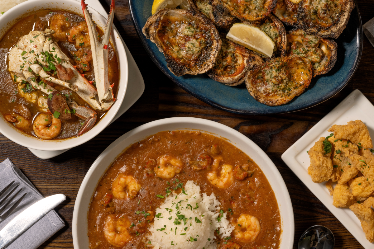 Signature dishes including: Shrimp and Crawfish Etoufee, File Gumbo, Charboiled Oysters and Catfish Nuggets 