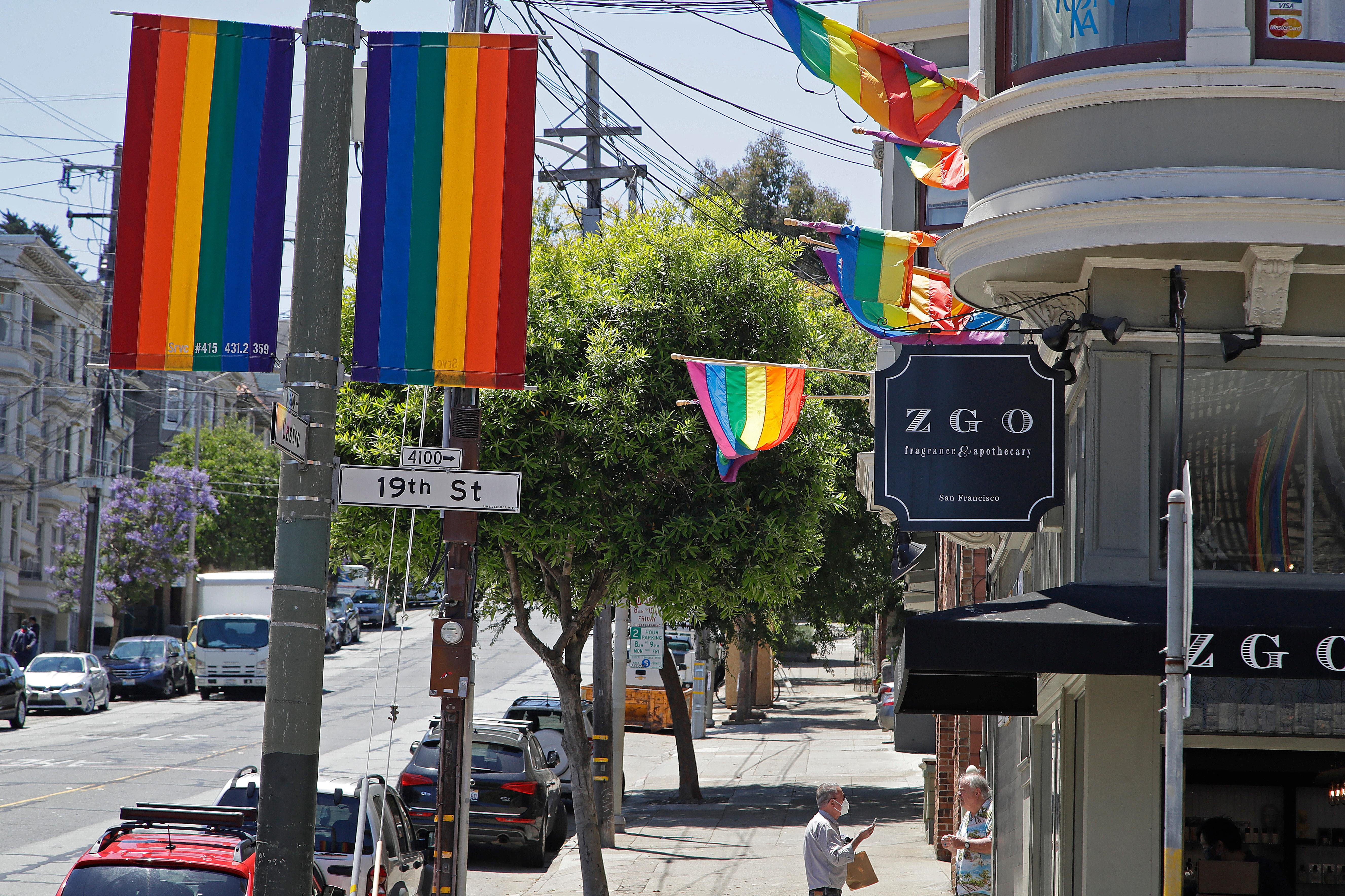 Rainbow banners hang in the Castro District Thursday, June 25,...