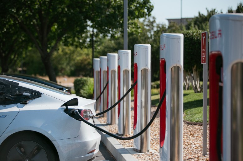 An electric car is parked beside a row of Tesla charging stations, with thick black charging cables plugged into multiple white-and-red chargers set along a landscaped curb under leafy trees.