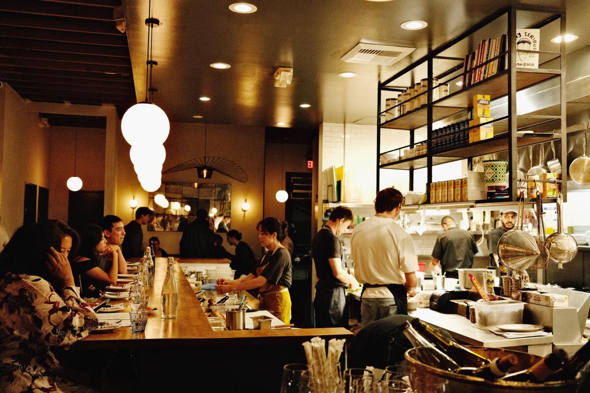 A view of the open kitchen of Electric Bleu, a French-Californian bistro in Mar Vista.