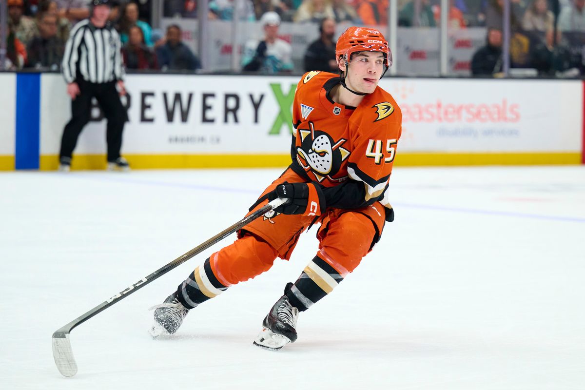 The Anaheim Duck’s right wing Beckett Sennecke (45) cuts toward the puck agains’t the Seattle Kraken February 3rd, 2026 in Anaheim California. The Anaheim Duck’s right wing Beckett Sennecke (45) cuts toward the puck agains’t the Seattle Kraken February 3rd, 2026 in Anaheim California.