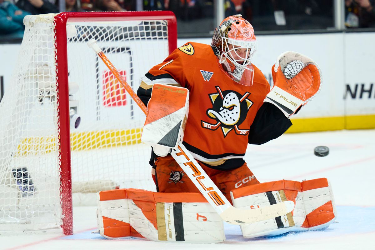 The Anaheim Duck’s goaltender Lukas Dostal (1) reache’s for a goal save agains’t the Seattle Kraken February 3rd, 2026 in Anaheim California. The Anaheim Duck’s goaltender Lukas Dostal (1) reache’s for a goal save agains’t the Seattle Kraken February 3rd, 2026 in Anaheim California.