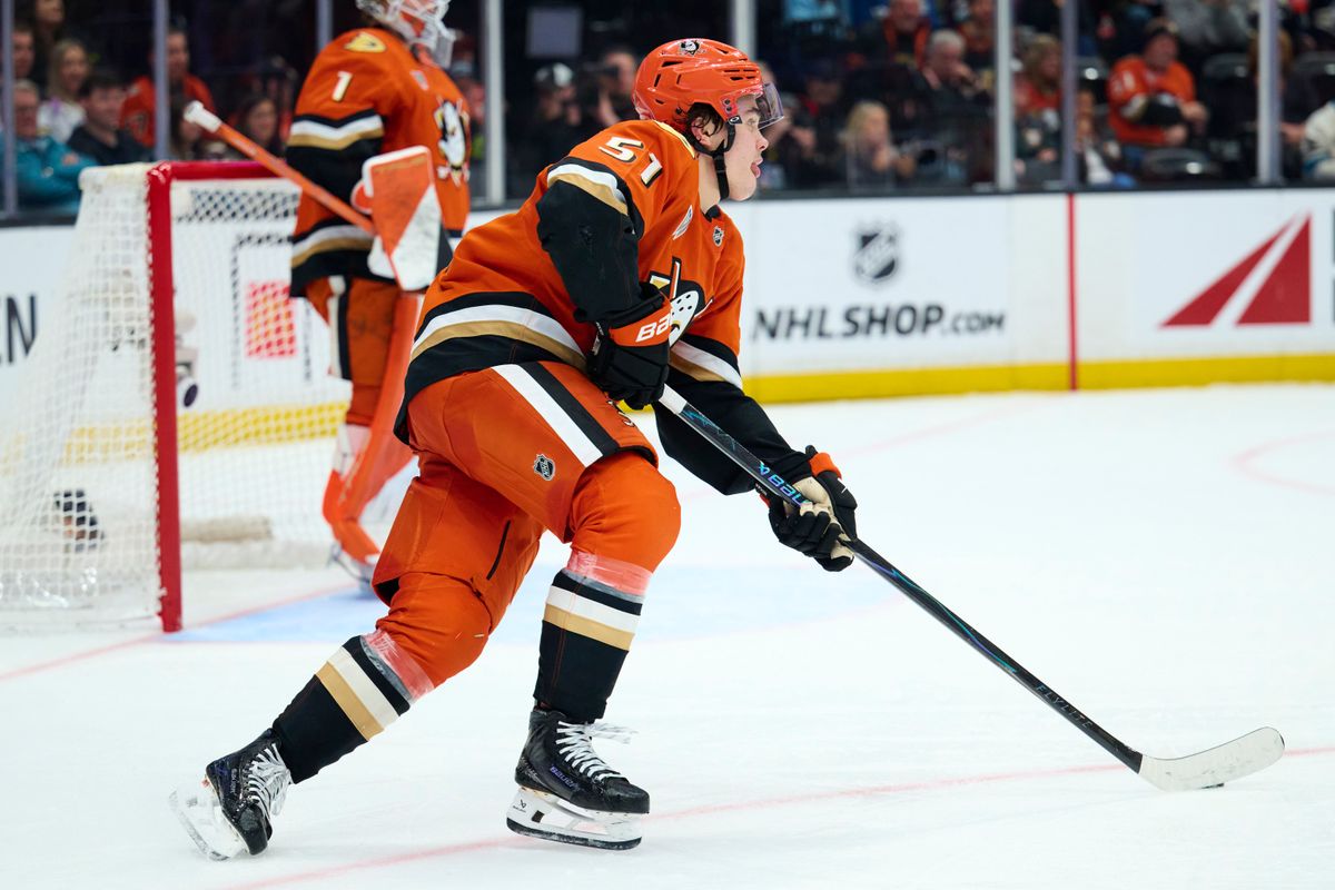 The Anaheim Duck’s defender Olen Zellweger (51) skates with the puck agains’t the Seattle Kraken February 3rd, 2026 in Anaheim California. The Anaheim Duck’s defender Olen Zellweger (51) skates with the puck agains’t the Seattle Kraken February 3rd, 2026 in Anaheim California.