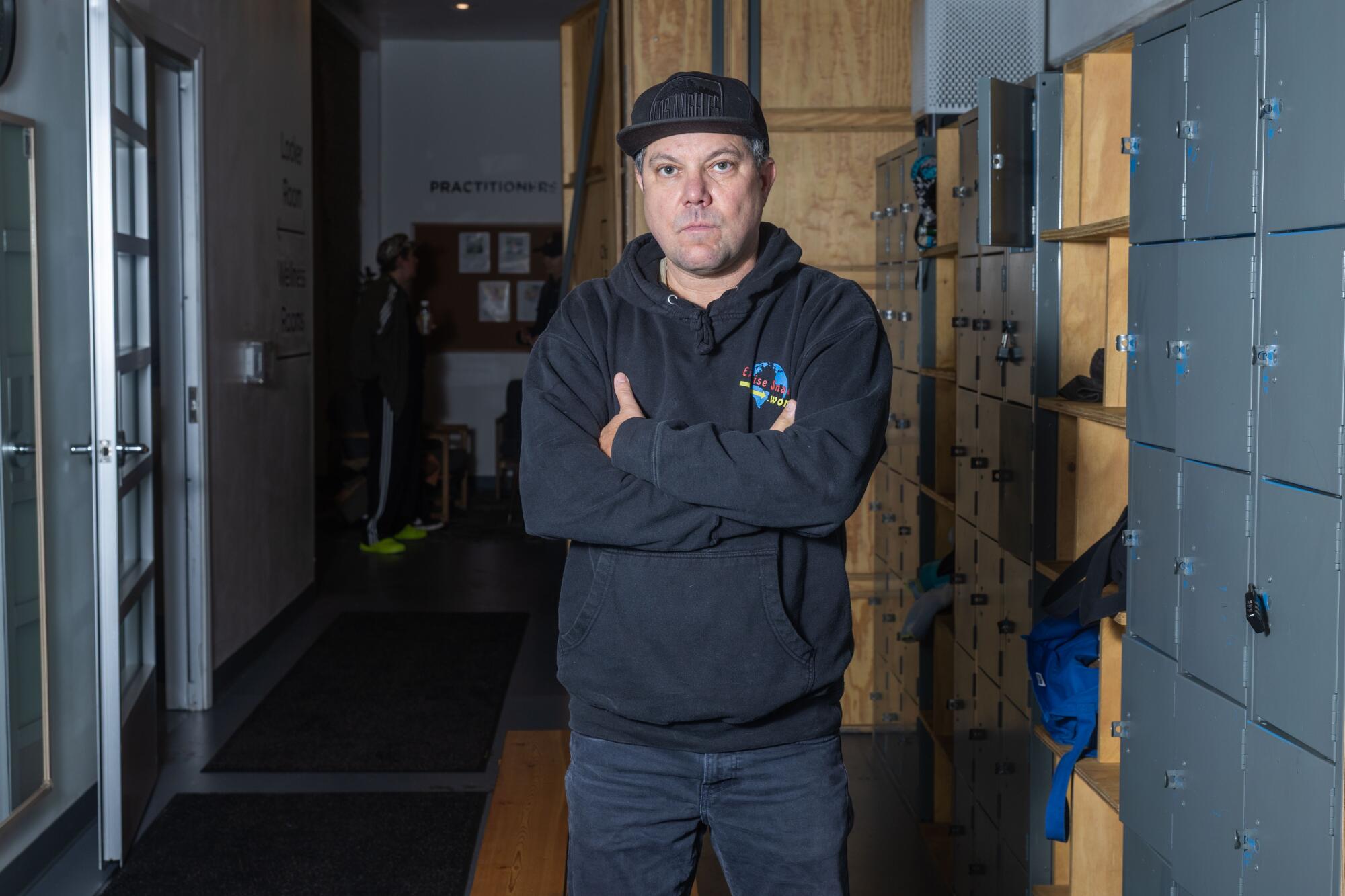 Everybody Gym founder Sam Rypinski inside the facility's gender-neutral locker room.