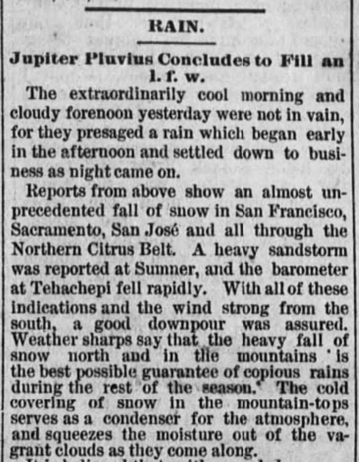 The Feb. 6 1887 front page of the Los Angeles Daily Times's story about snow in San Francisco. 