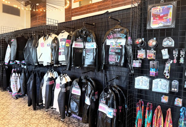 A pop-up NFL Shop selling Super Bowl LX merchandise, photographed Feb. 3, 2026, is open at San Pedro Square in downtown San Jose. (Sal Pizarro/Bay Area News Group)