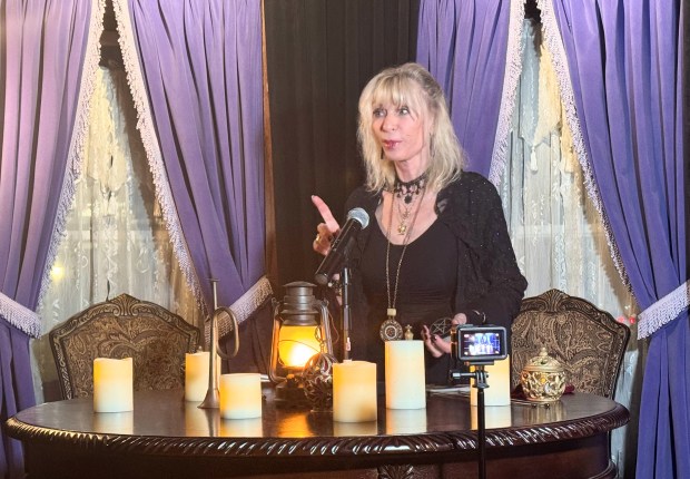 Psychic medium Patti Negri talks about the different energies for Super Bowl LX teams, the Seattle Seahawks and New England Patriots, during an event at the Winchester Mystery House in San Jose on Wednesday, Feb. 4, 2026. (Sal Pizarro/Bay Area News Group)