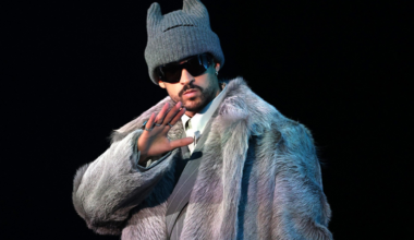 A person wearing a large gray fur coat, a gray knit hat with cat ears, dark sunglasses, and rings raises one hand near their face against a black background.
