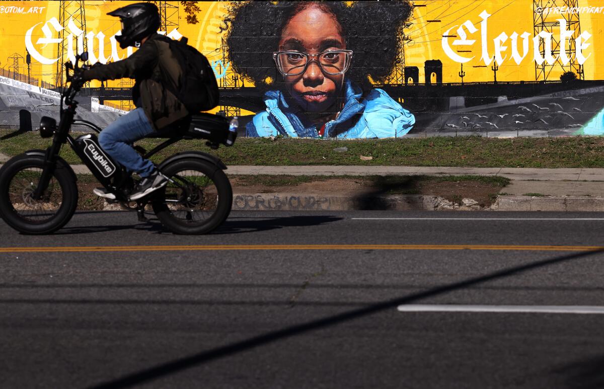 An e-bike rider passes a mural.