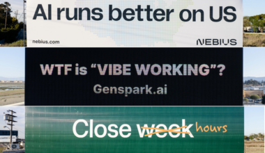 Three billboards stacked vertically advertise AI brands: "AI runs better on US," "WTF is 'VIBE WORKING'?" and "Close ~week~ hours" with edited text.