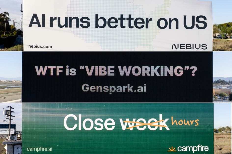 Three billboards stacked vertically advertise AI brands: "AI runs better on US," "WTF is 'VIBE WORKING'?" and "Close ~week~ hours" with edited text.