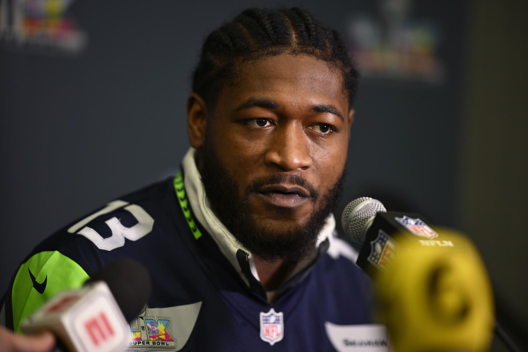 Seahawks linebacker Ernest Jones speaks during a news conference on Thursday.