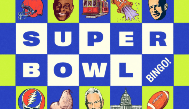 A checkerboard with "SUPER BOWL BINGO" in bold letters surrounded by illustrations of a football helmet, faces, a streetcar, a cooler, seal, dome building, and football.