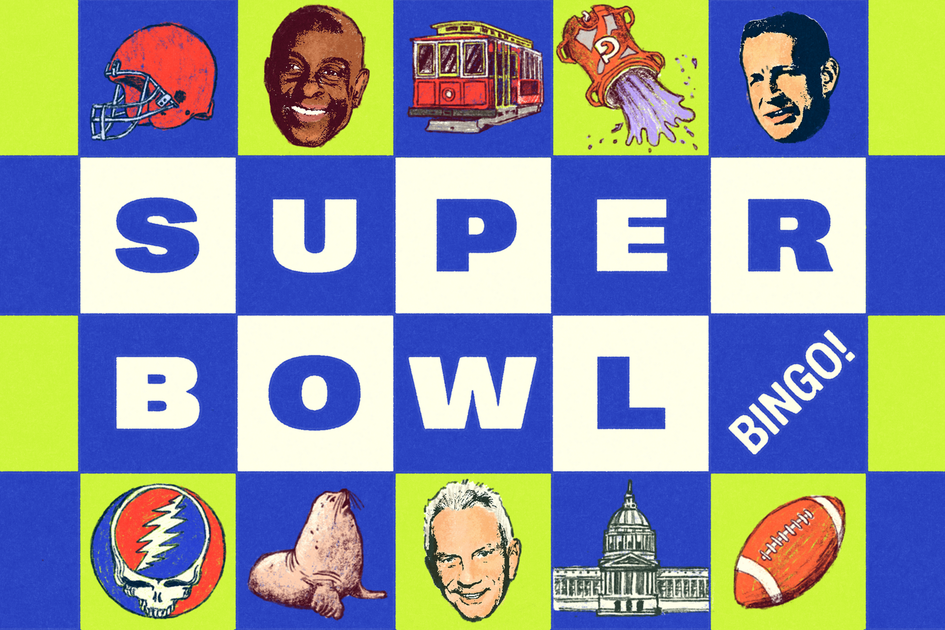 A checkerboard with "SUPER BOWL BINGO" in bold letters surrounded by illustrations of a football helmet, faces, a streetcar, a cooler, seal, dome building, and football.