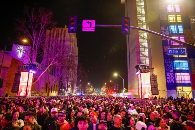 People gather to watch Kehlani perform during the Big Game Block Party on East Santa Clara Street near City Hall in downtown San Jose, Calif., on Friday, Feb. 7, 2026. (Shae Hammond/Bay Area News Group)