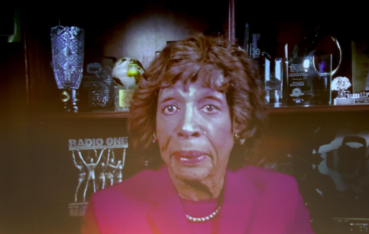Congressmember Maxine Waters appears on a video message explaining her legislation 