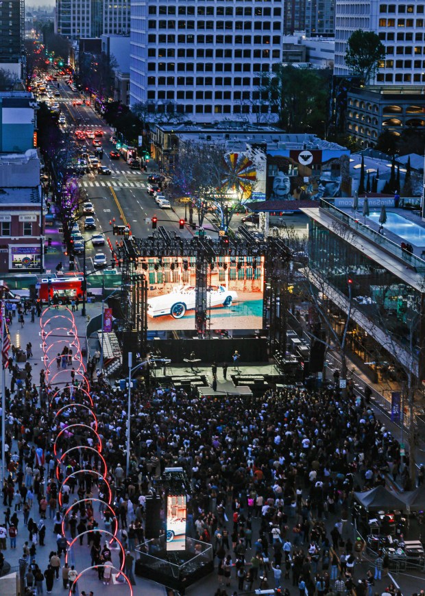 People gather for the Big Game Block Party on East Santa Clara Street near City Hall in downtown San Jose, Calif., on Friday, Feb. 7, 2026. (Shae Hammond/Bay Area News Group)